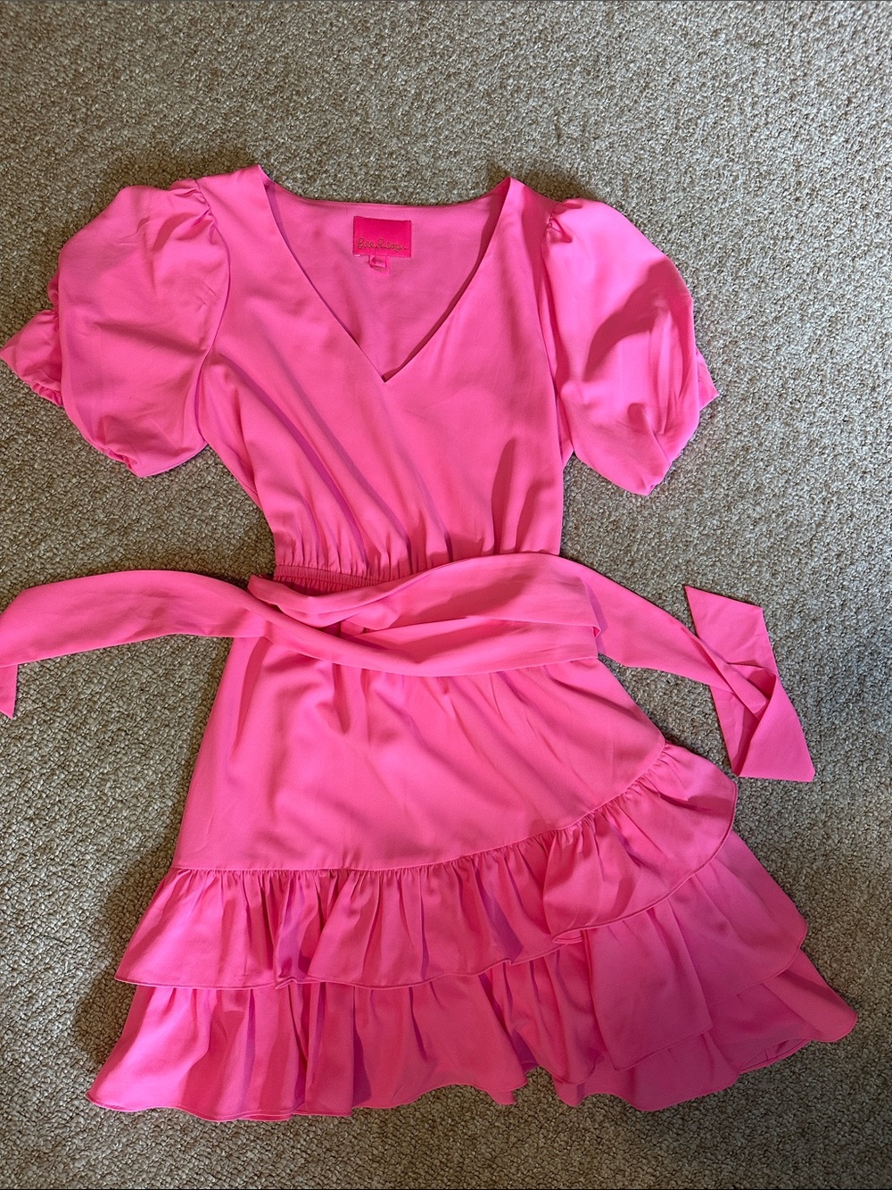 Lilly Pulitzer Bubblegum Pink V-Neck Tie-Waist Ruffle Dress